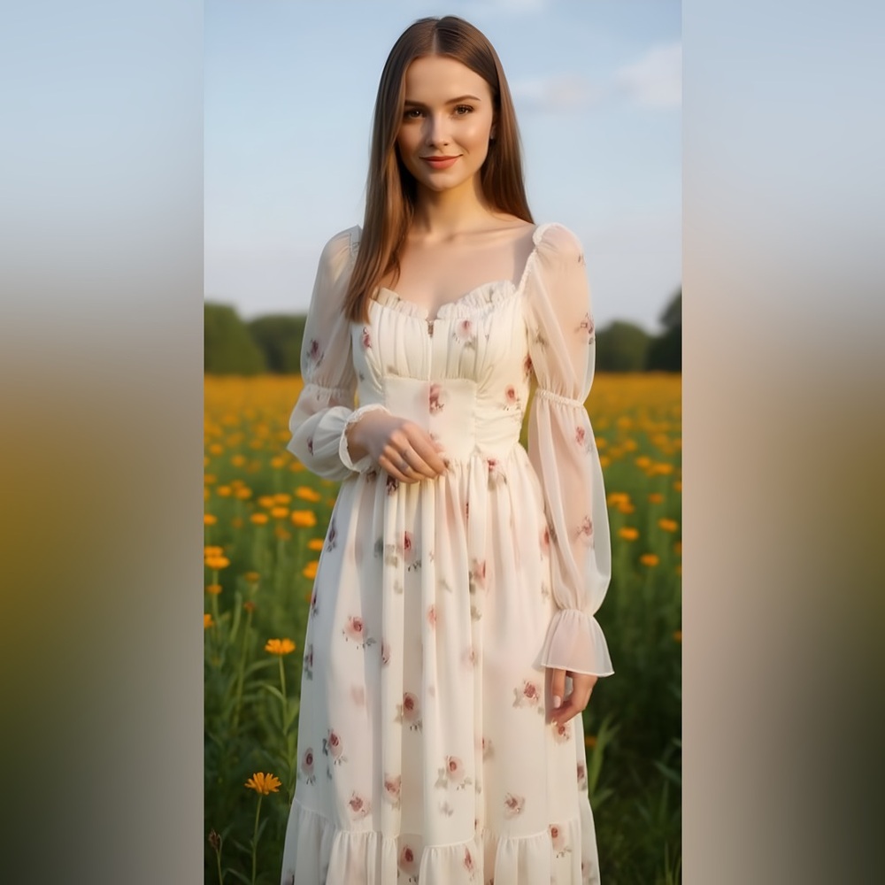 Chic Floral Long Sleeve Dress Size S